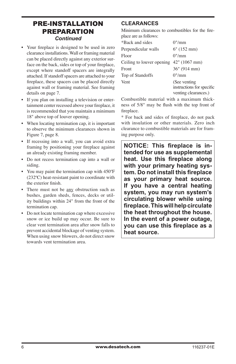 Pre-installation preparation | Desa VC42NE SERIES User Manual | Page 6 / 40