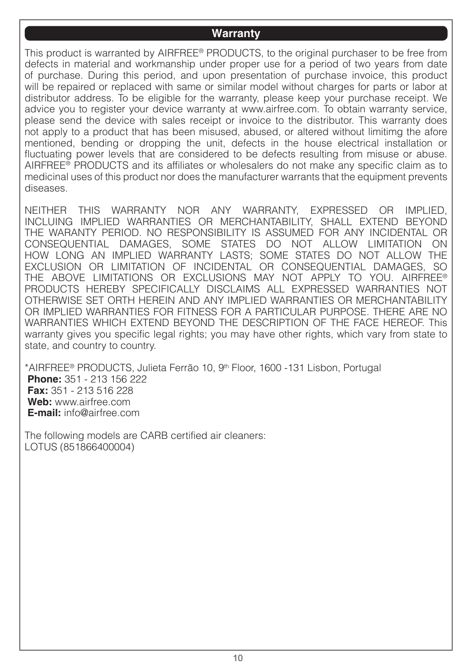 Airfree Lotus Mold & Bacteria Destroying Filterless Air Purifier with Night Light User Manual | Page 10 / 24