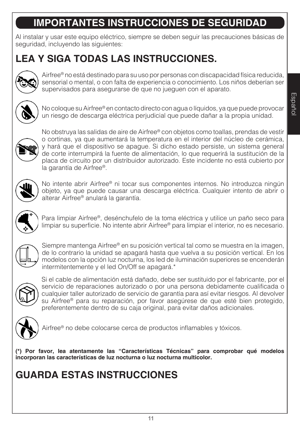 Importantes instrucciones de seguridad | Airfree Lotus Mold & Bacteria Destroying Filterless Air Purifier with Night Light User Manual | Page 11 / 24