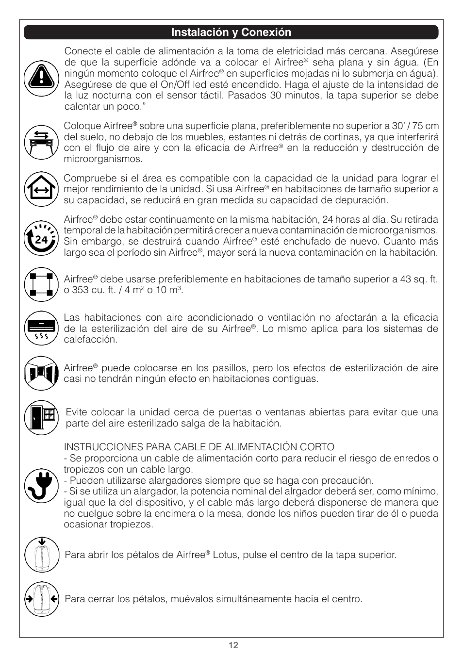 Instalación y conexión | Airfree Lotus Mold & Bacteria Destroying Filterless Air Purifier with Night Light User Manual | Page 12 / 24