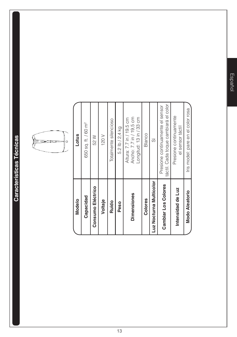 Características técnicas | Airfree Lotus Mold & Bacteria Destroying Filterless Air Purifier with Night Light User Manual | Page 13 / 24