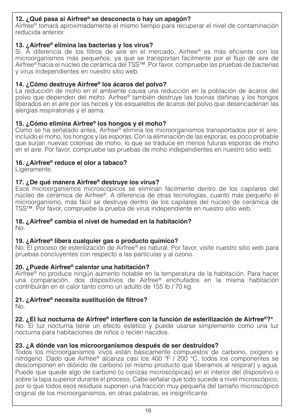 Airfree Lotus Mold & Bacteria Destroying Filterless Air Purifier with Night Light User Manual | Page 16 / 24