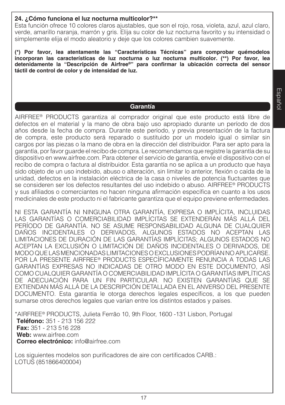 Airfree Lotus Mold & Bacteria Destroying Filterless Air Purifier with Night Light User Manual | Page 17 / 24