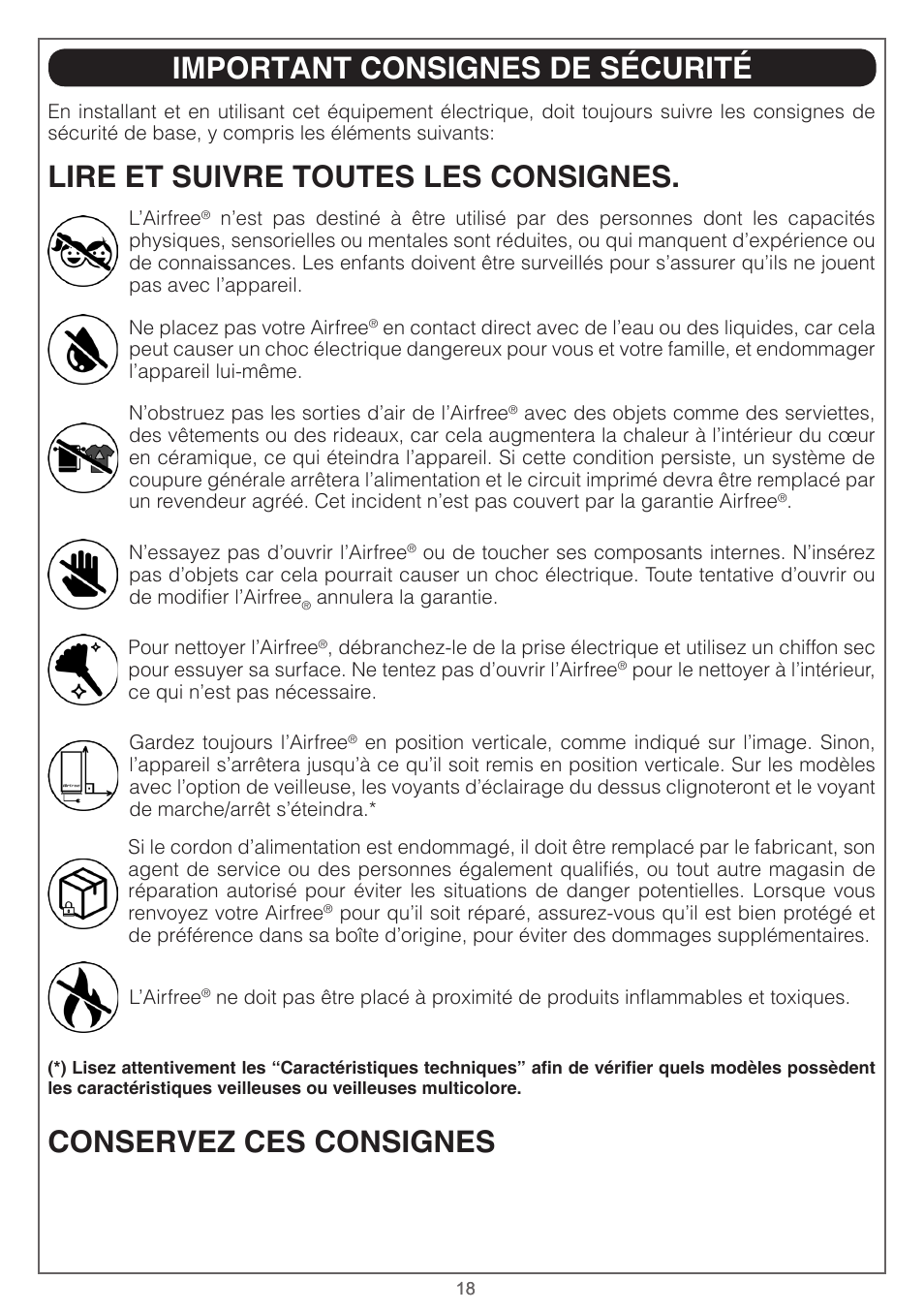 Important consignes de sécurité | Airfree Lotus Mold & Bacteria Destroying Filterless Air Purifier with Night Light User Manual | Page 18 / 24