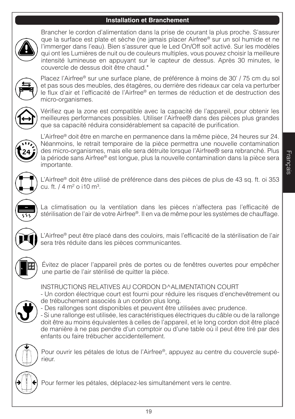 Airfree Lotus Mold & Bacteria Destroying Filterless Air Purifier with Night Light User Manual | Page 19 / 24