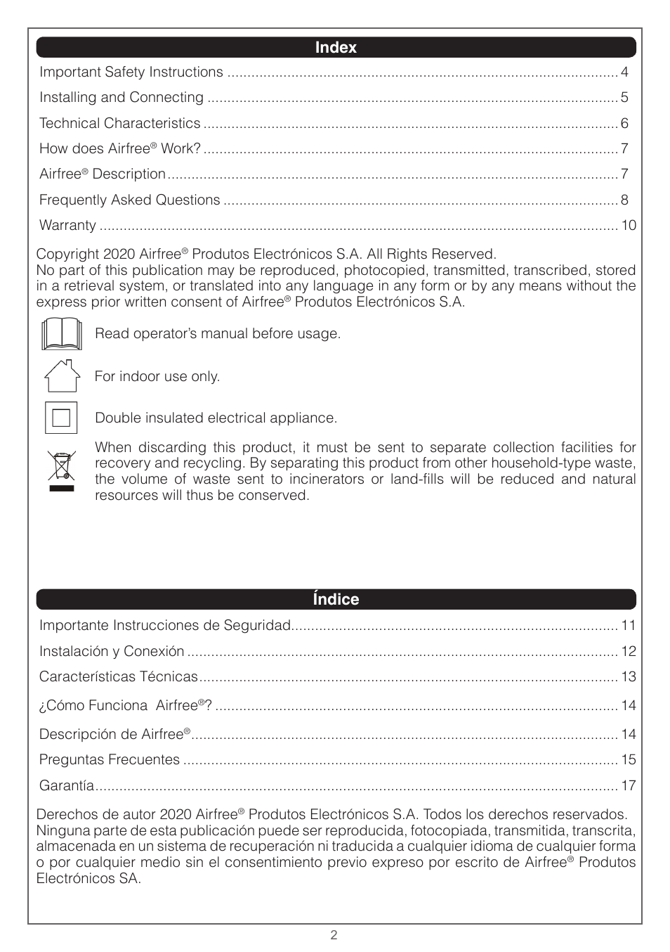 Index, Índice | Airfree Lotus Mold & Bacteria Destroying Filterless Air Purifier with Night Light User Manual | Page 2 / 24