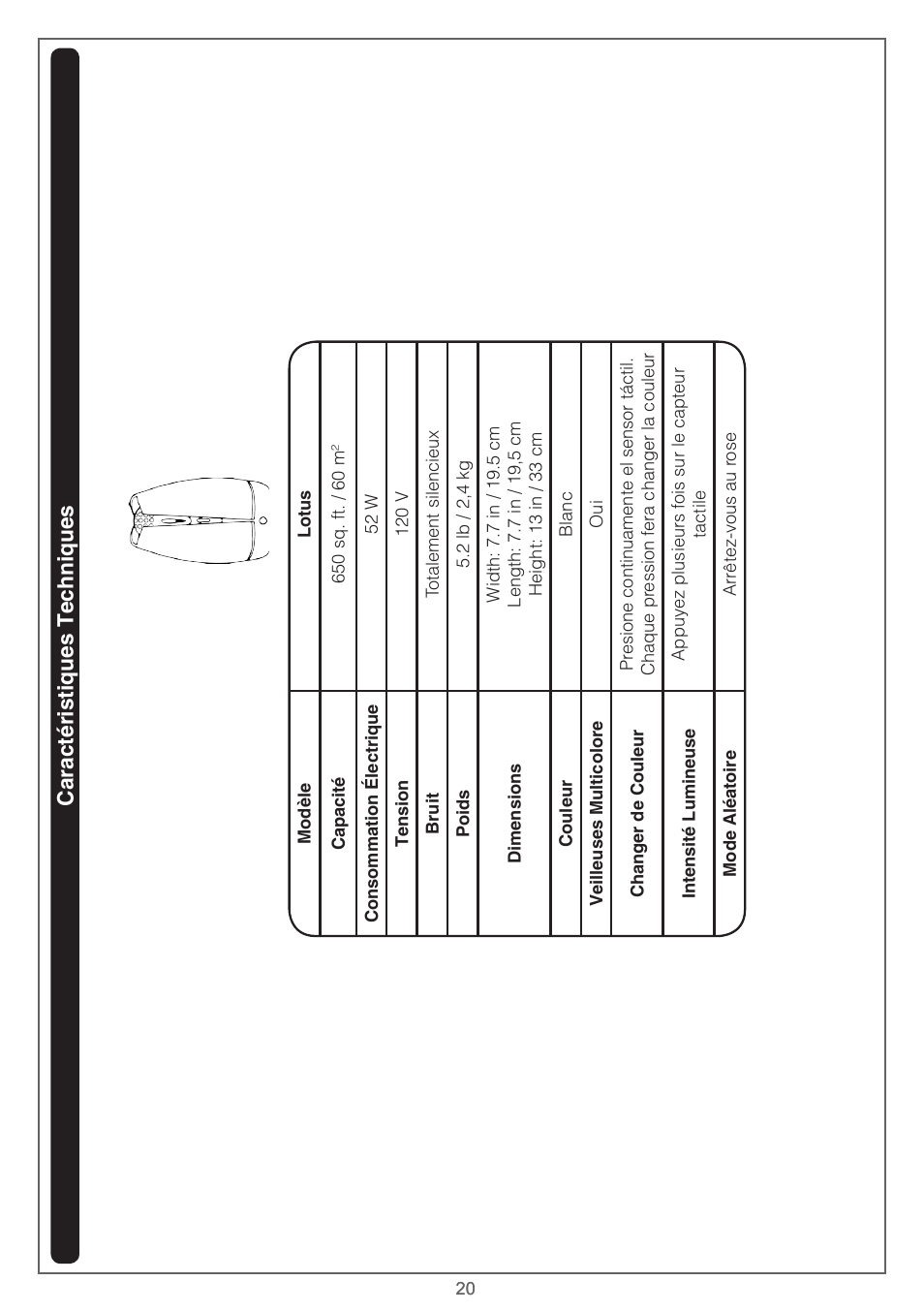 Caractéristiques techniques | Airfree Lotus Mold & Bacteria Destroying Filterless Air Purifier with Night Light User Manual | Page 20 / 24