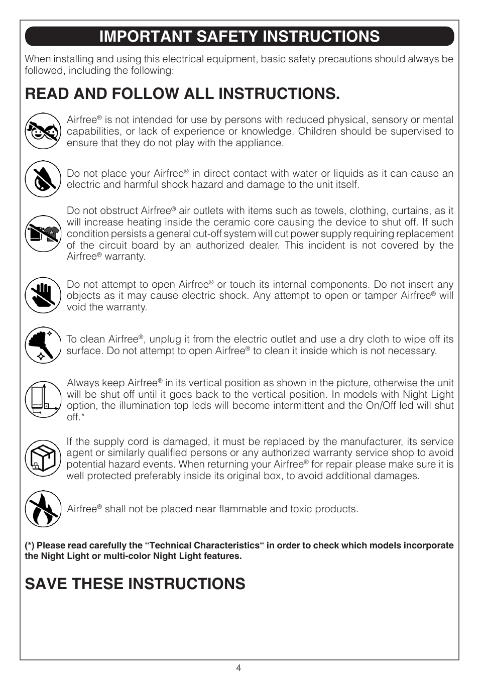 Important safety instructions | Airfree Lotus Mold & Bacteria Destroying Filterless Air Purifier with Night Light User Manual | Page 4 / 24