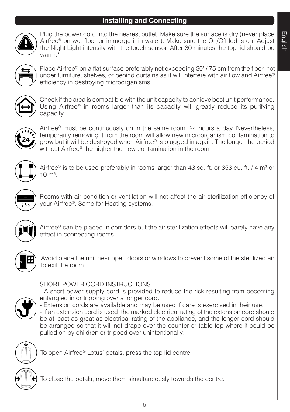 Installing and connecting | Airfree Lotus Mold & Bacteria Destroying Filterless Air Purifier with Night Light User Manual | Page 5 / 24