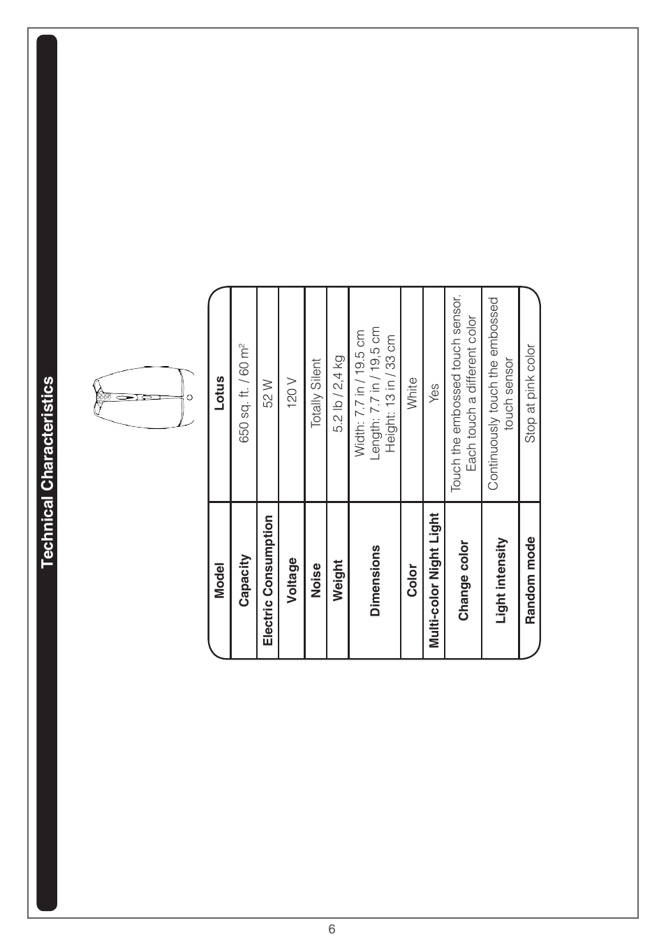 Technical characteristics | Airfree Lotus Mold & Bacteria Destroying Filterless Air Purifier with Night Light User Manual | Page 6 / 24