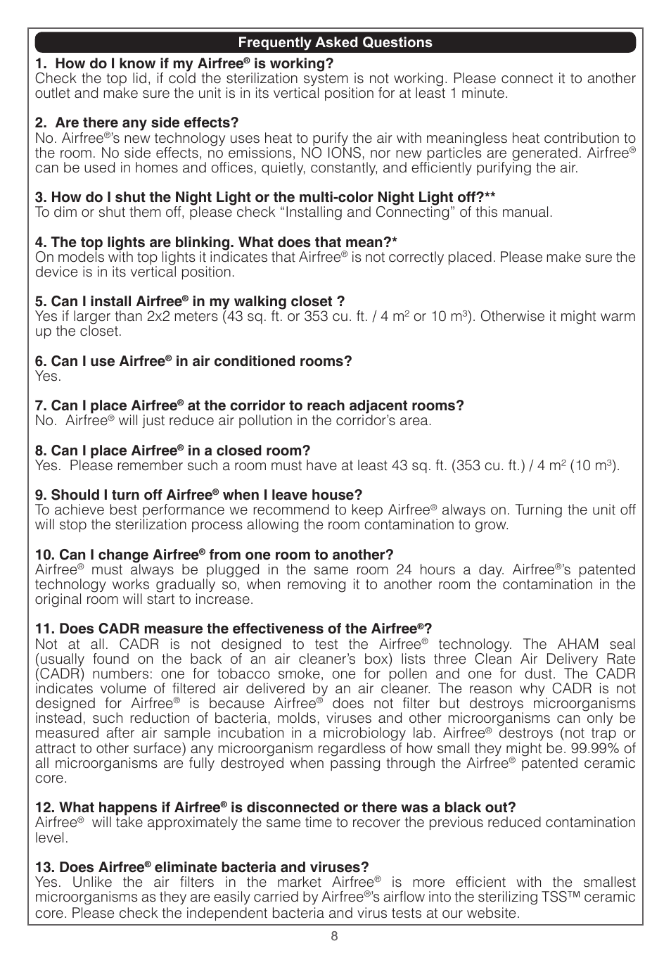 Airfree Lotus Mold & Bacteria Destroying Filterless Air Purifier with Night Light User Manual | Page 8 / 24