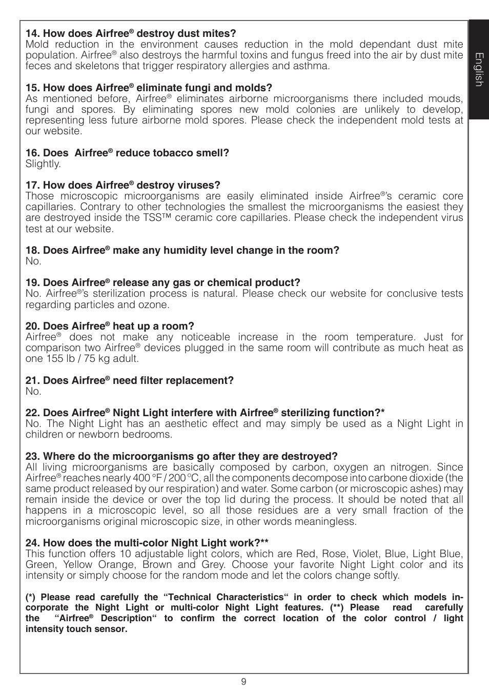 Airfree Lotus Mold & Bacteria Destroying Filterless Air Purifier with Night Light User Manual | Page 9 / 24