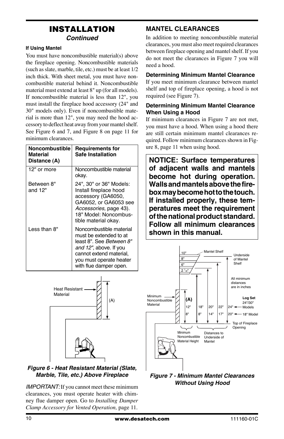 Installation, Continued, Mantel clearances | Desa CGD3018PT/NT User Manual | Page 10 / 44