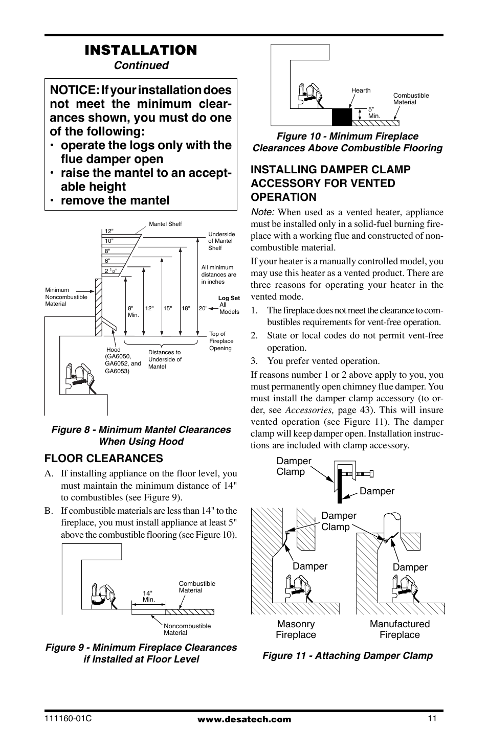 Installation, Continued, Floor clearances | Desa CGD3018PT/NT User Manual | Page 11 / 44