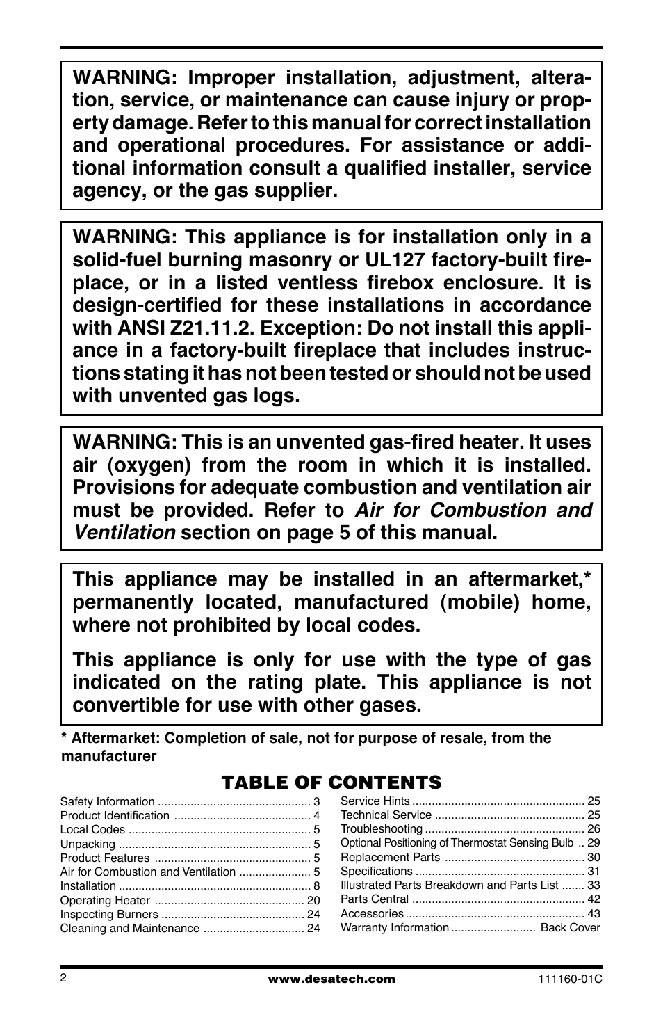 Air for combustion and ventilation | Desa CGD3018PT/NT User Manual | Page 2 / 44