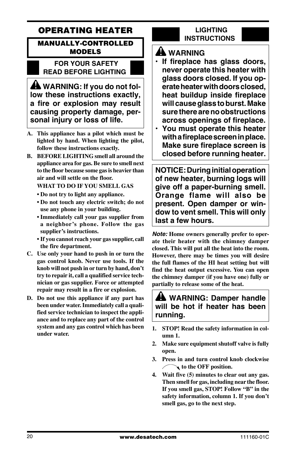 Operating heater | Desa CGD3018PT/NT User Manual | Page 20 / 44