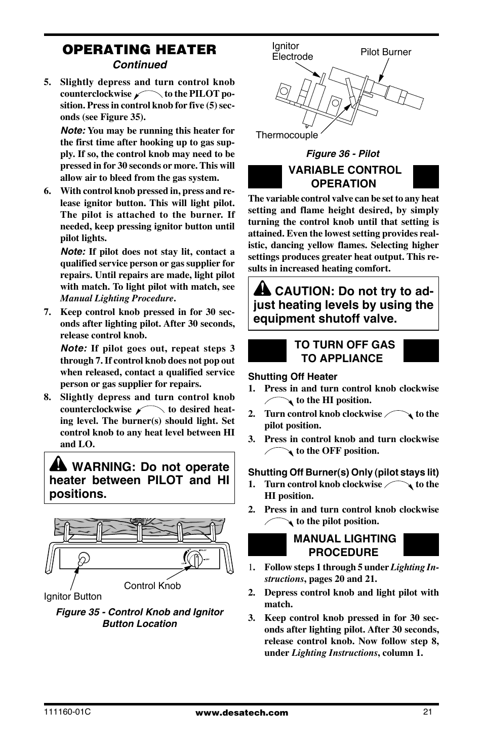 Operating heater, Continued | Desa CGD3018PT/NT User Manual | Page 21 / 44