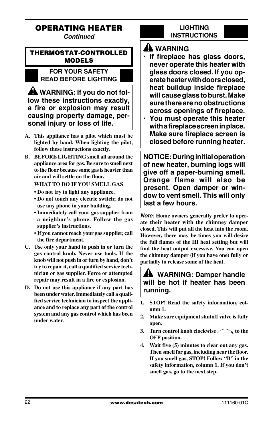 Operating heater | Desa CGD3018PT/NT User Manual | Page 22 / 44