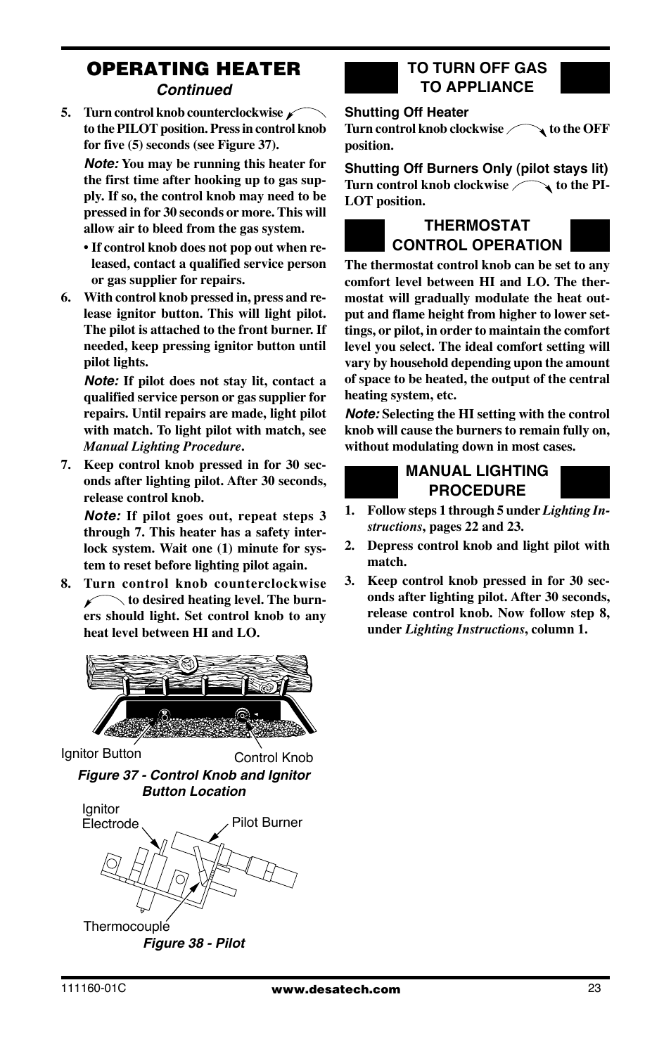 Operating heater, Continued | Desa CGD3018PT/NT User Manual | Page 23 / 44
