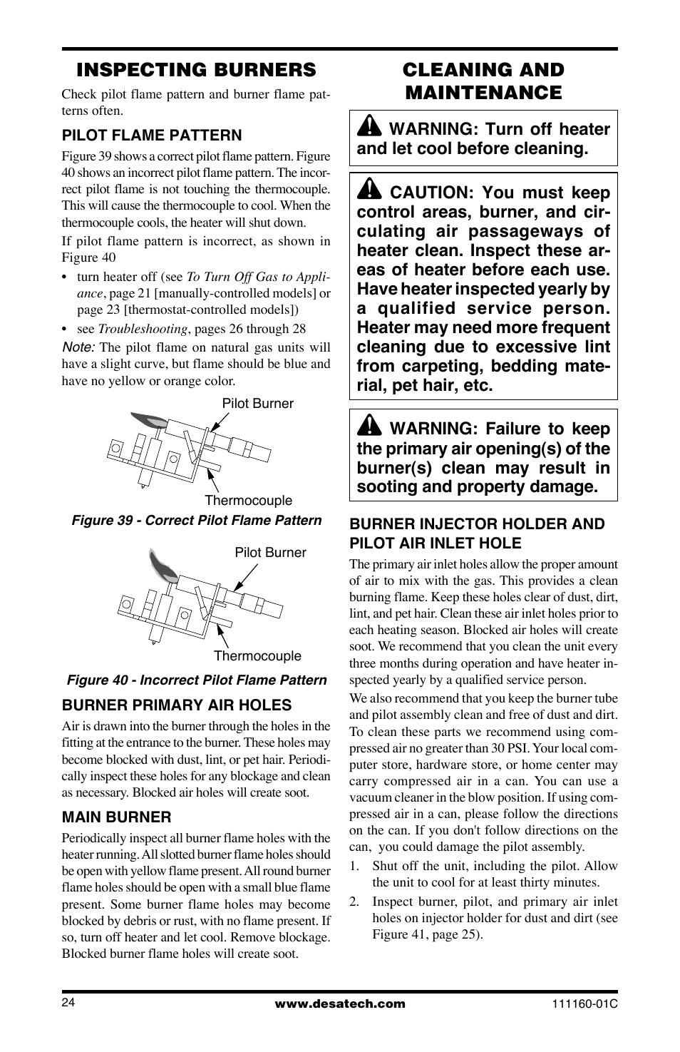 Inspecting burners, Cleaning and maintenance | Desa CGD3018PT/NT User Manual | Page 24 / 44