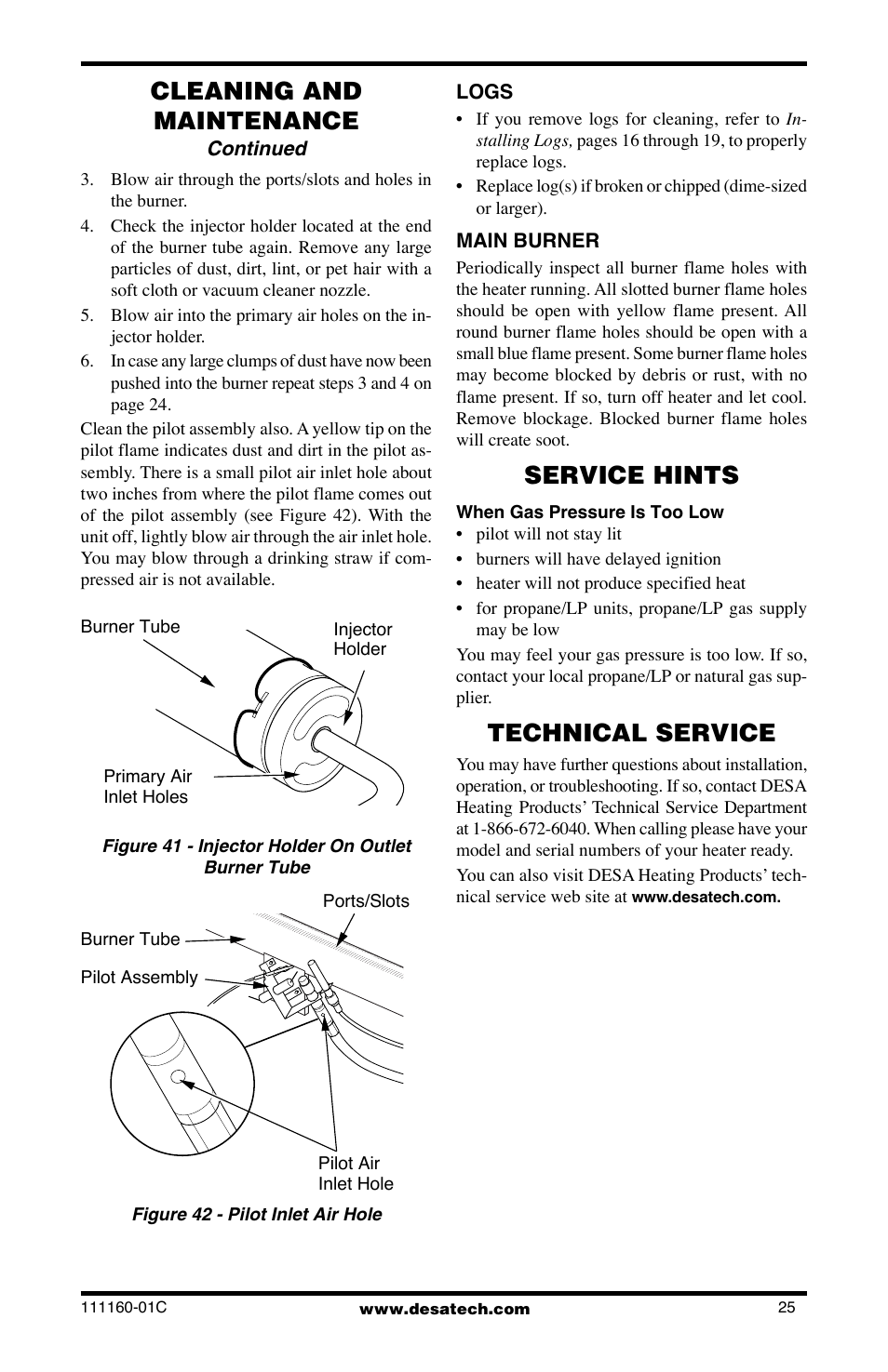 Cleaning and maintenance, Service hints, Technical service | Desa CGD3018PT/NT User Manual | Page 25 / 44