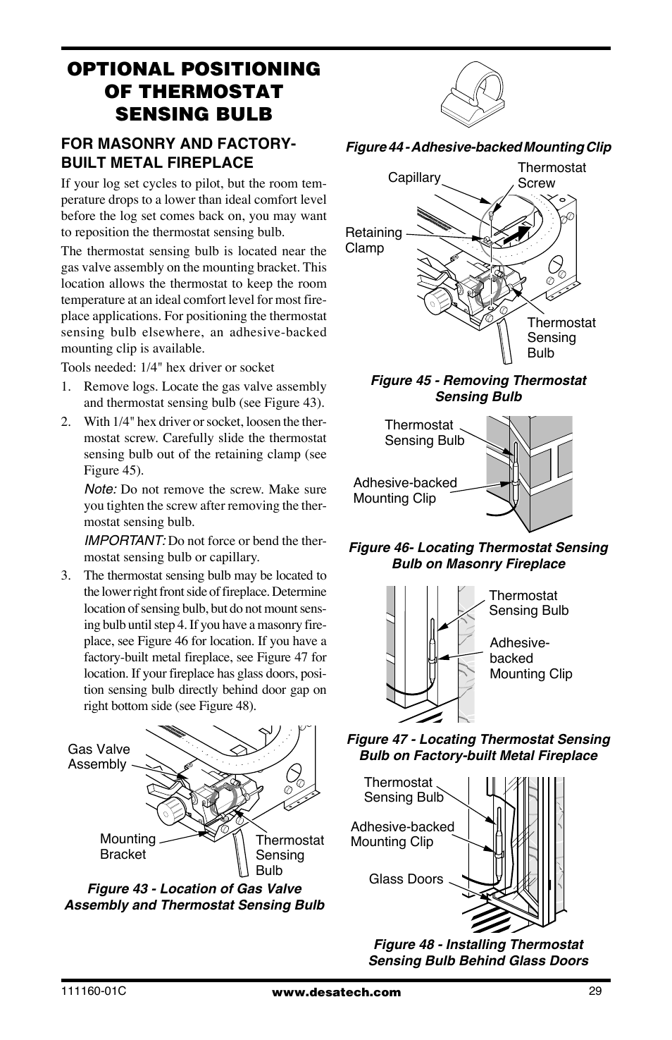 Optional positioning of thermostat sensing bulb, For masonry and factory- built metal fireplace | Desa CGD3018PT/NT User Manual | Page 29 / 44