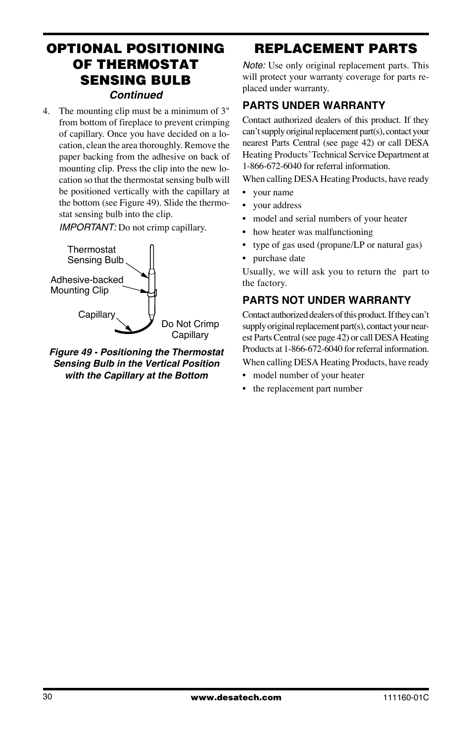 Optional positioning of thermostat sensing bulb, Replacement parts | Desa CGD3018PT/NT User Manual | Page 30 / 44