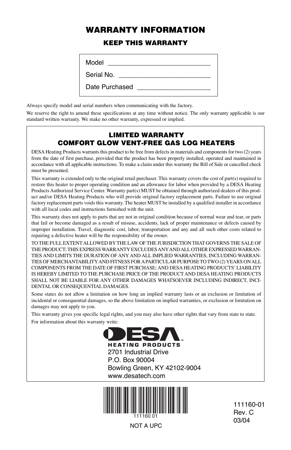 Warranty information | Desa CGD3018PT/NT User Manual | Page 44 / 44