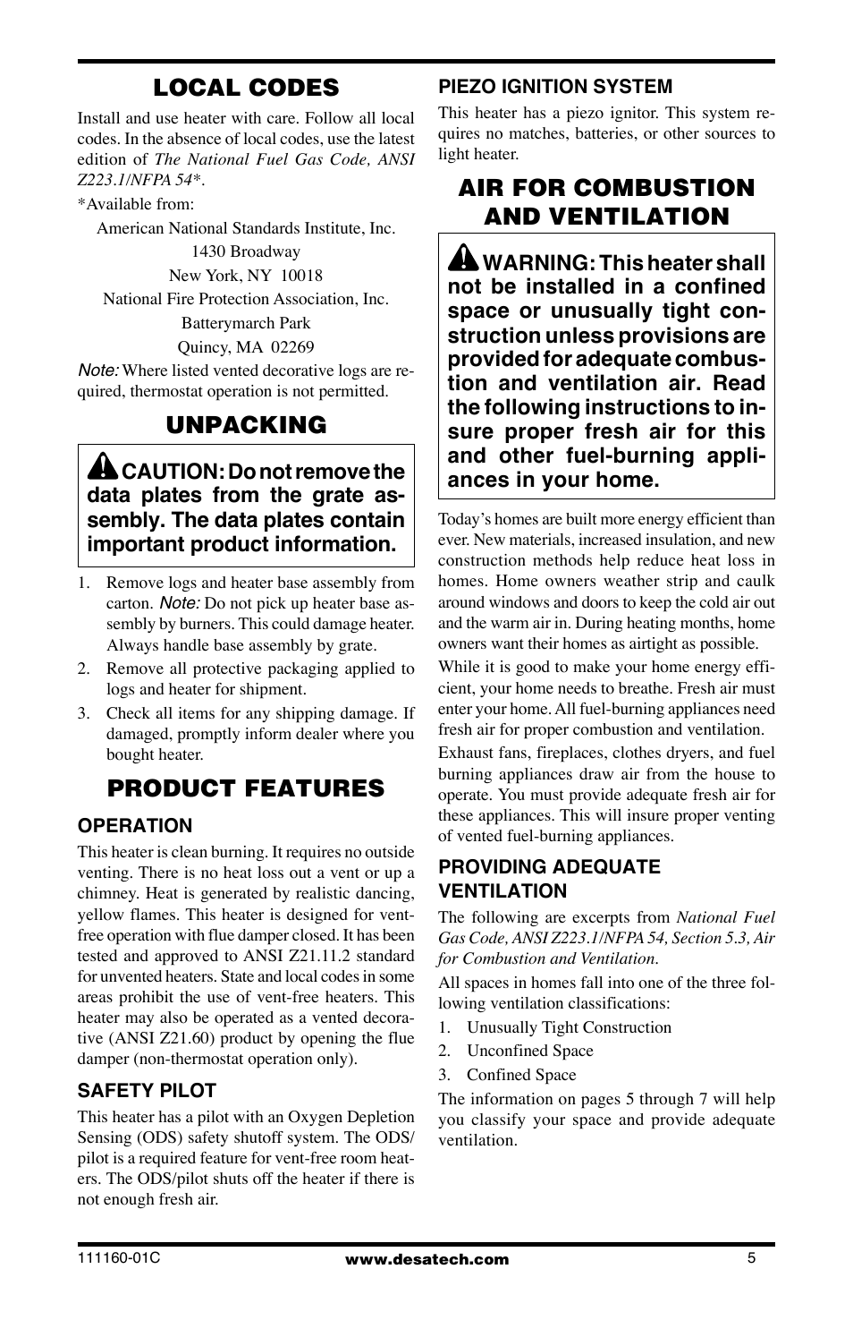 Local codes, Unpacking, Product features | Air for combustion and ventilation | Desa CGD3018PT/NT User Manual | Page 5 / 44