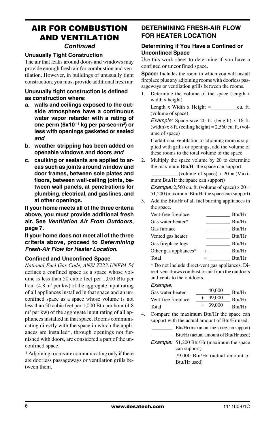 Air for combustion and ventilation, Continued | Desa CGD3018PT/NT User Manual | Page 6 / 44