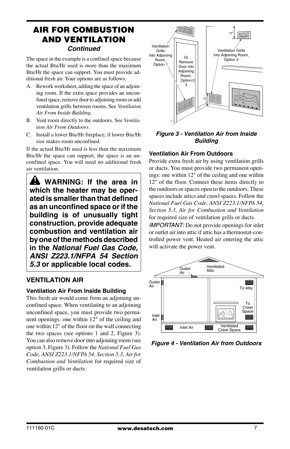 Air for combustion and ventilation, Continued, Ventilation air | Desa CGD3018PT/NT User Manual | Page 7 / 44