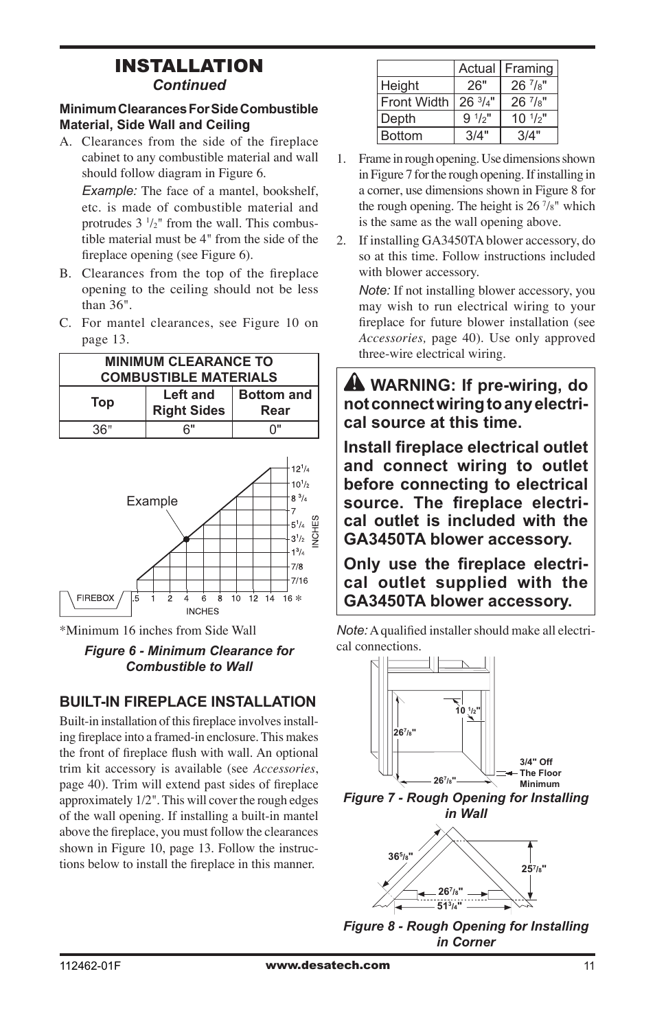 Installation, Continued, Built-in fireplace installation | Desa VMH10TPC User Manual | Page 11 / 44