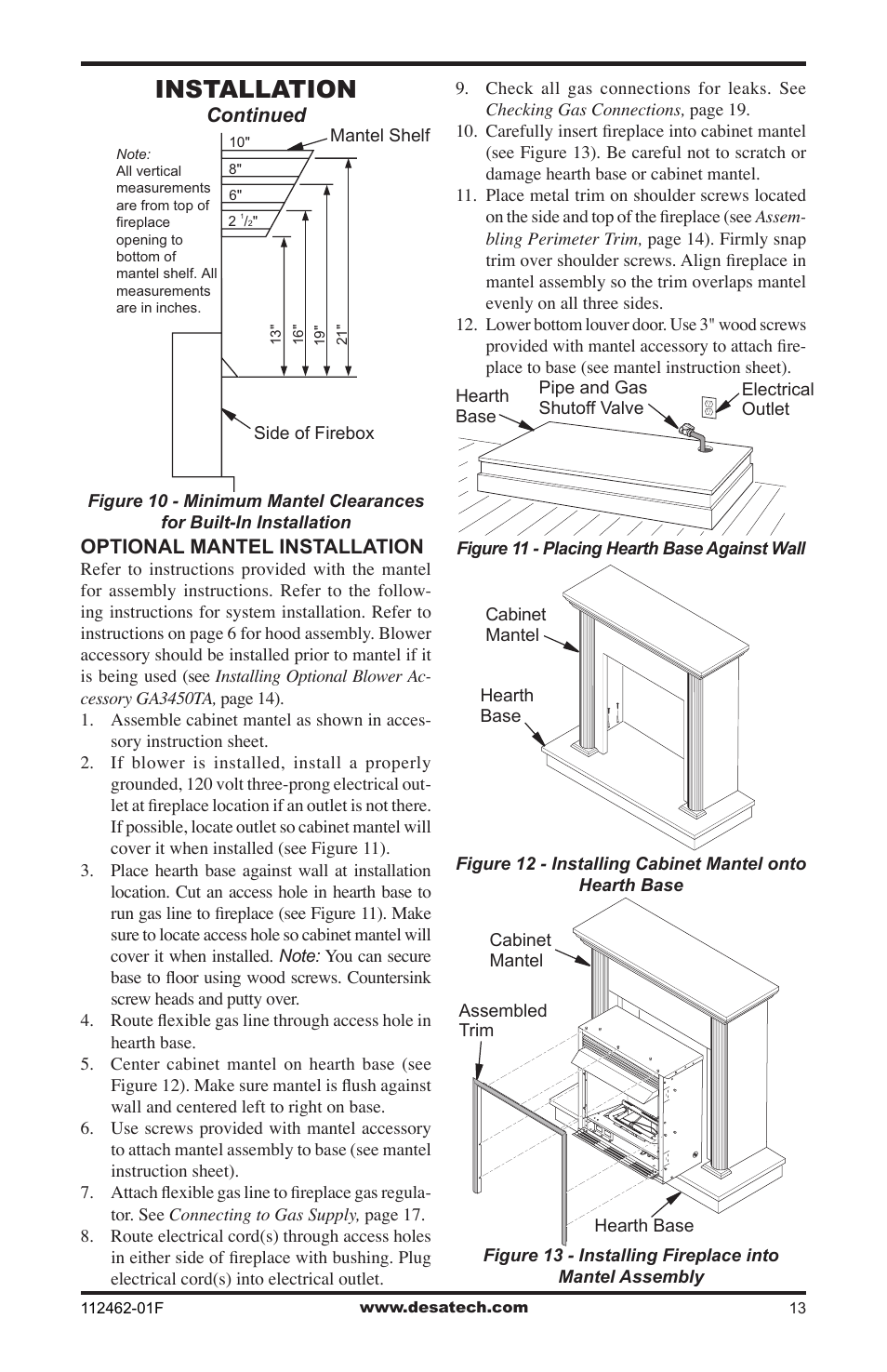 Installation, Continued optional mantel installation | Desa VMH10TPC User Manual | Page 13 / 44