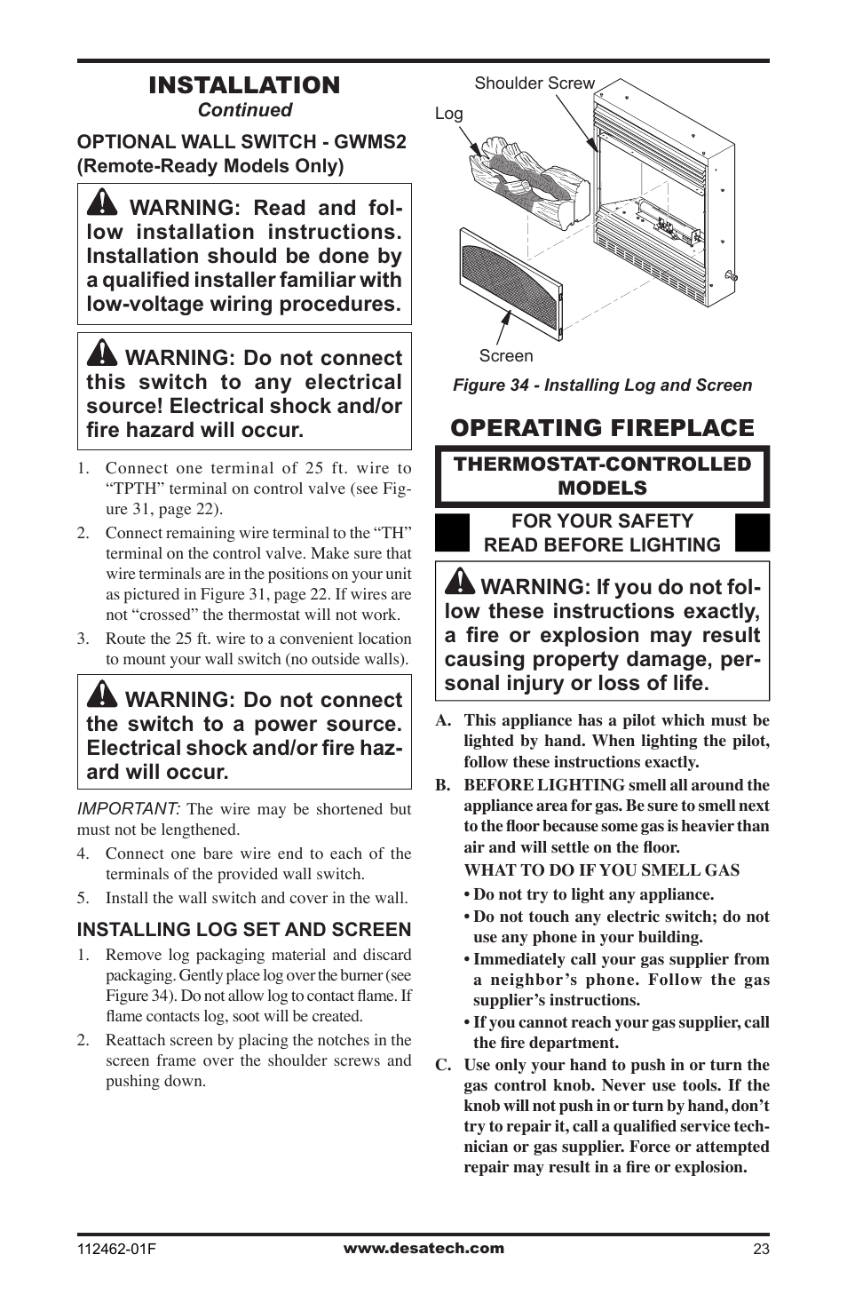 Operating fireplace, Installation | Desa VMH10TPC User Manual | Page 23 / 44
