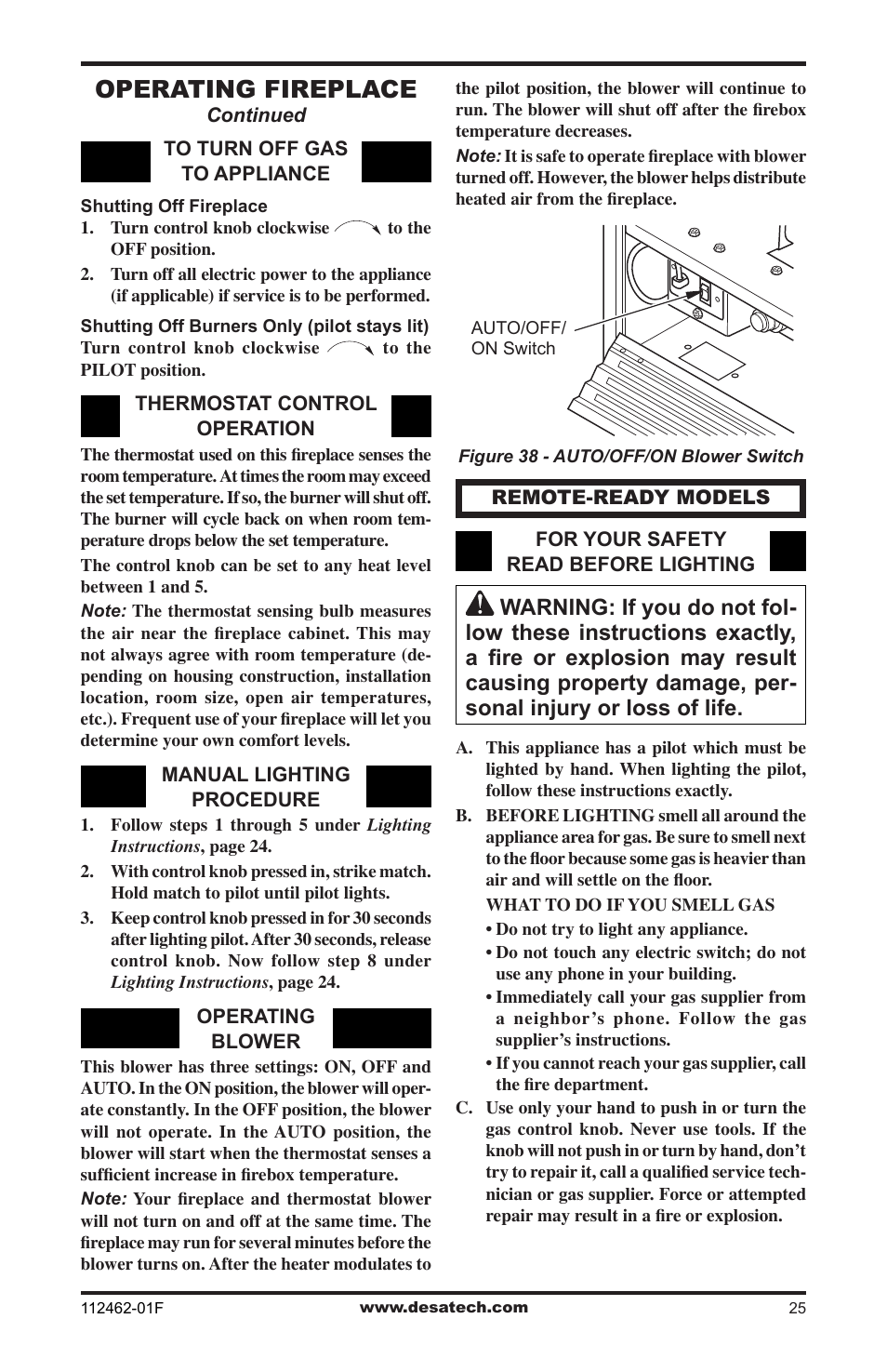 Operating fireplace | Desa VMH10TPC User Manual | Page 25 / 44