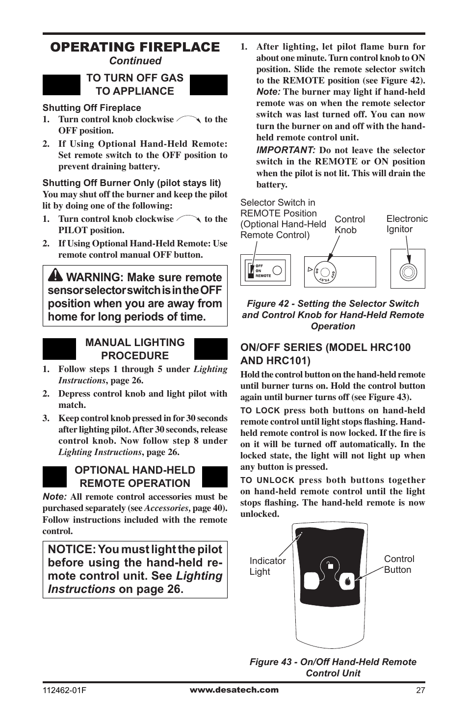 Operating fireplace | Desa VMH10TPC User Manual | Page 27 / 44