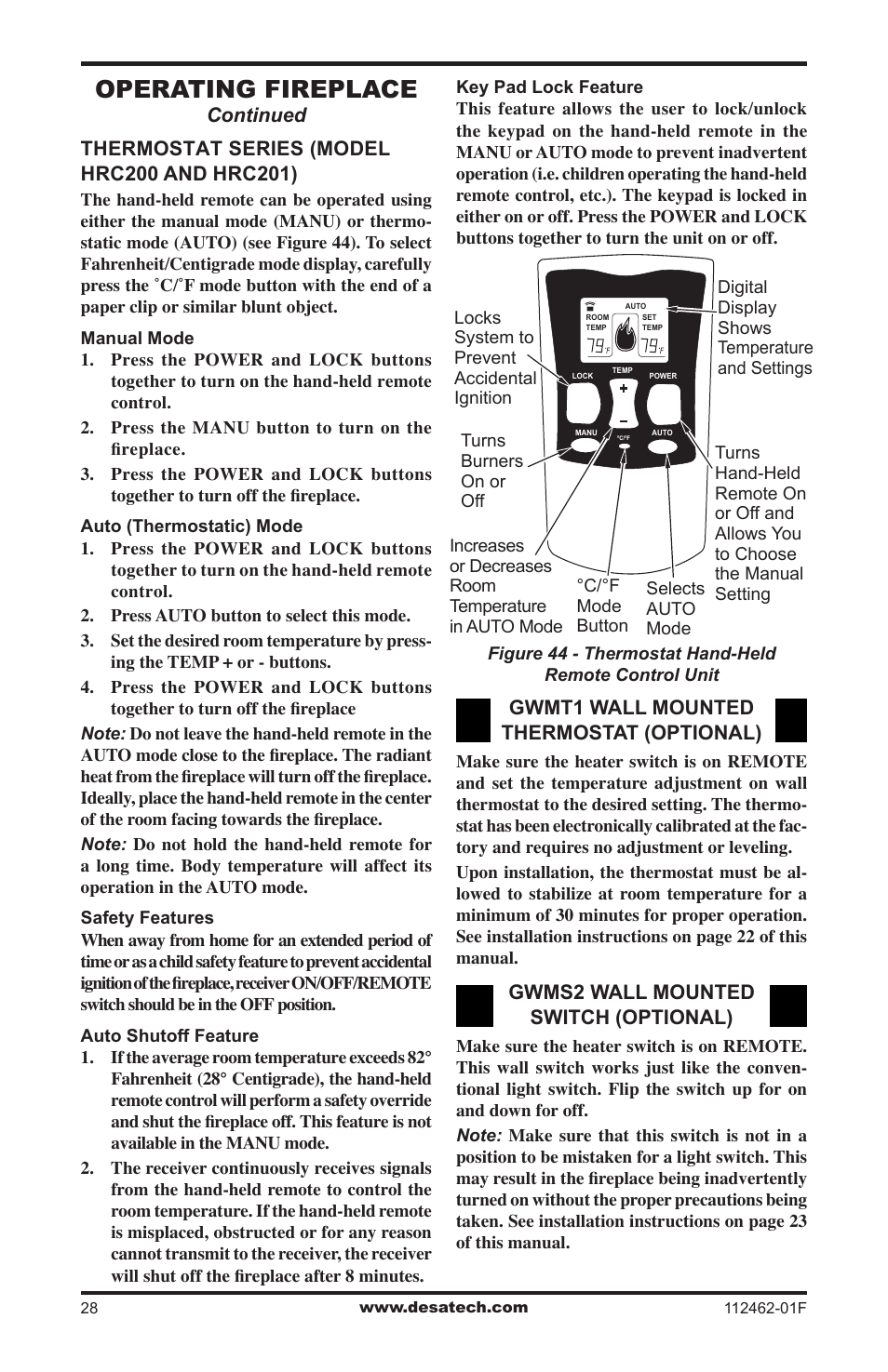 Operating fireplace | Desa VMH10TPC User Manual | Page 28 / 44