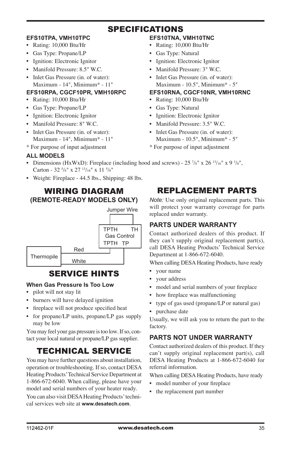 Specifications, Wiring diagram, Service hints | Technical service, Replacement parts, Specifications service hints | Desa VMH10TPC User Manual | Page 35 / 44