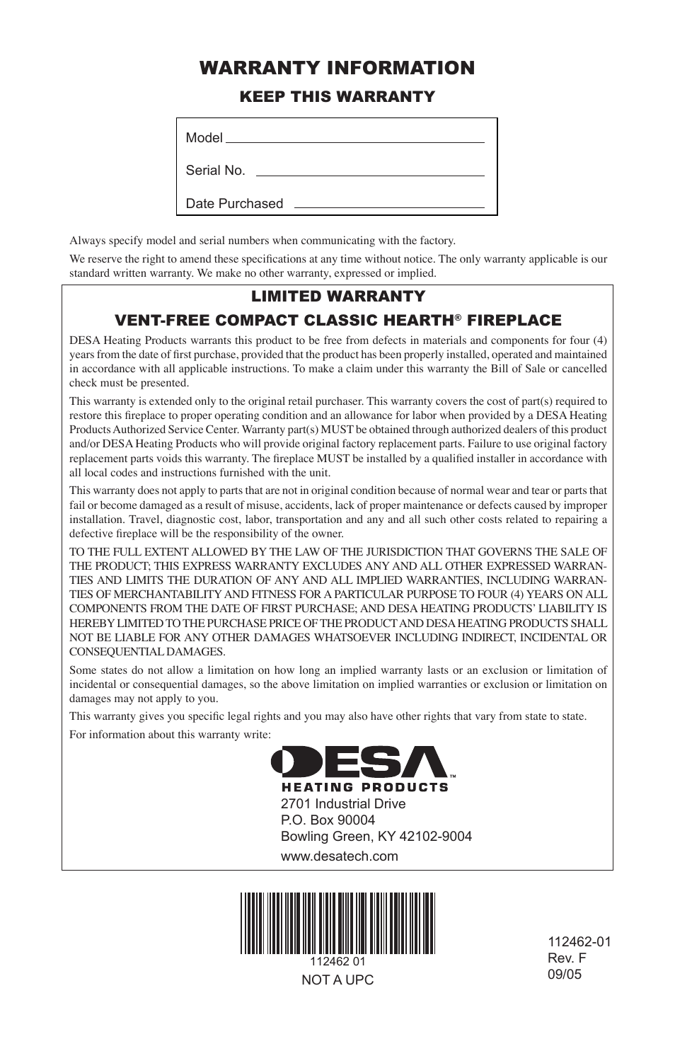 Warranty information, Keep this warranty, Limited warranty vent-free compact classic hearth | Fireplace | Desa VMH10TPC User Manual | Page 44 / 44