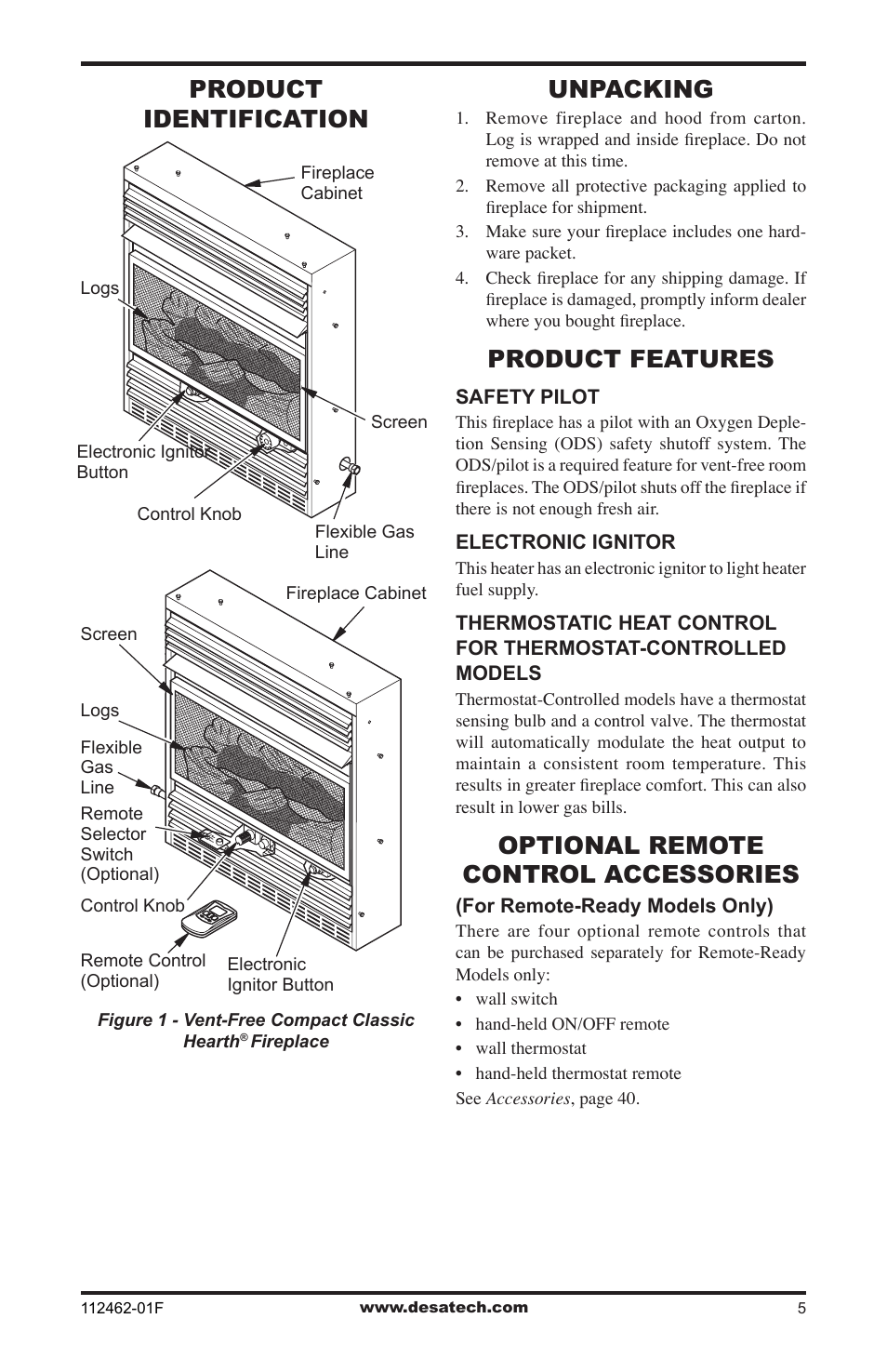 Product identification, Unpacking, Product features | Optional remote control accessories | Desa VMH10TPC User Manual | Page 5 / 44