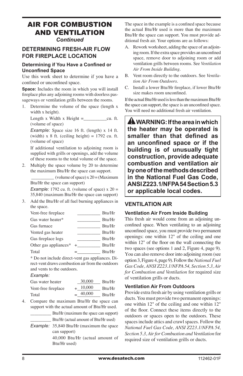 Air for combustion and ventilation | Desa VMH10TPC User Manual | Page 8 / 44
