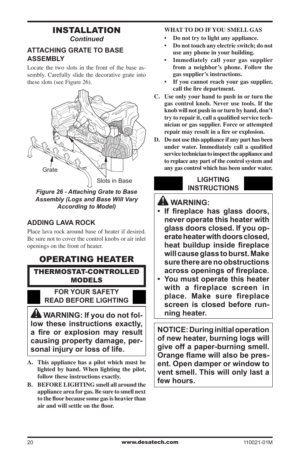 Operating heater, Installation | Desa VRL30PR User Manual | Page 20 / 44
