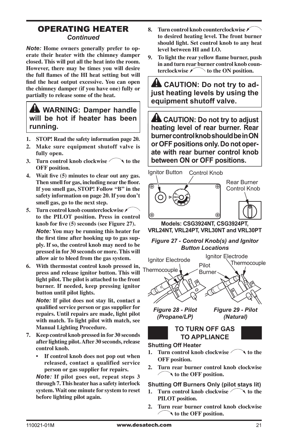 Operating heater, Continued | Desa VRL30PR User Manual | Page 21 / 44