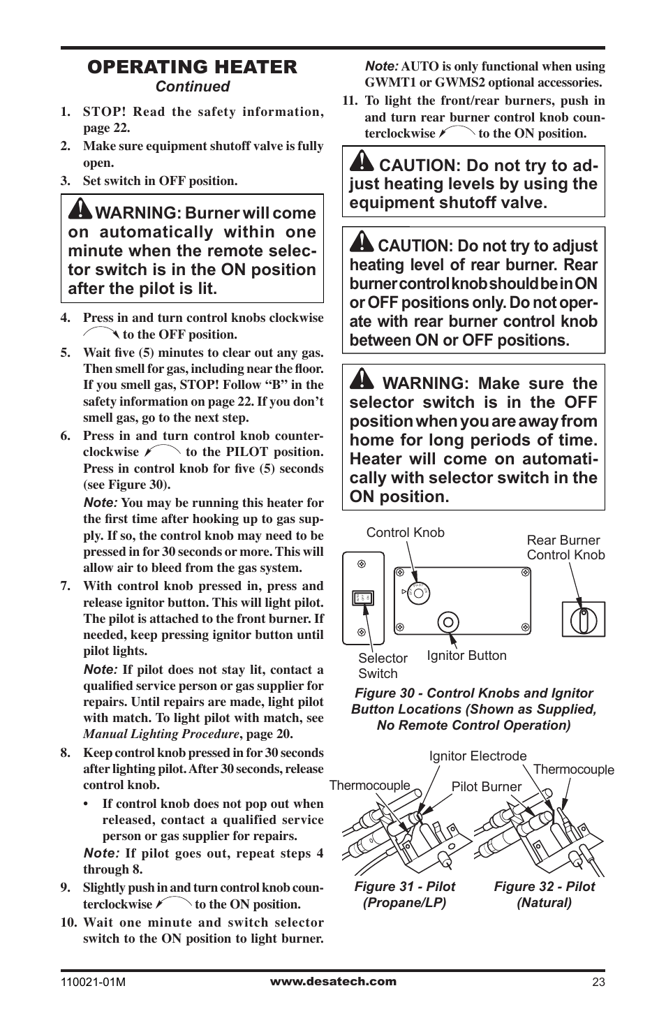 Operating heater | Desa VRL30PR User Manual | Page 23 / 44
