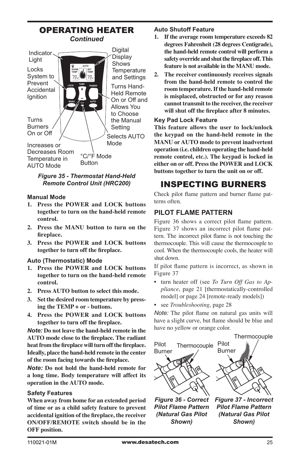 Inspecting burners, Operating heater | Desa VRL30PR User Manual | Page 25 / 44