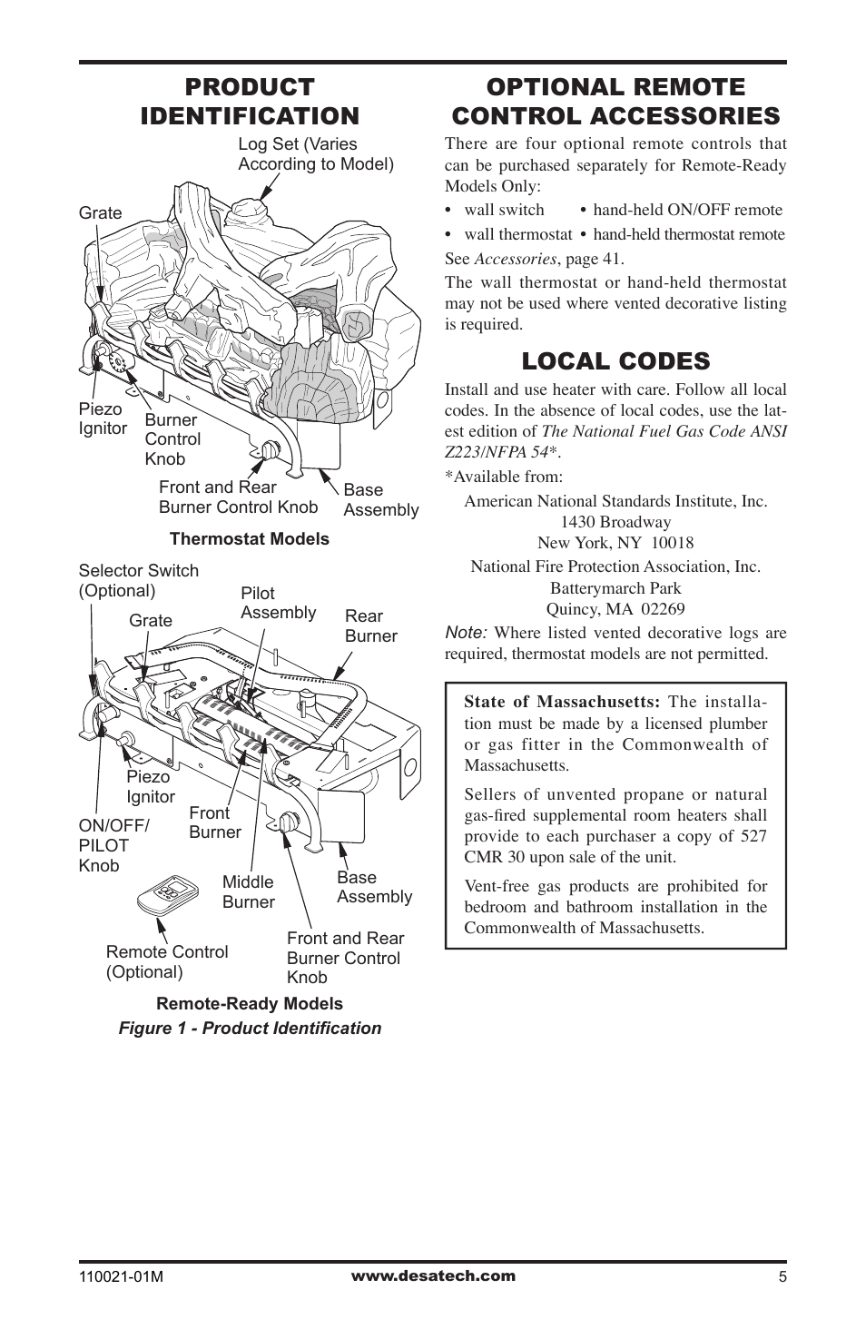 Product identification, Optional remote control accessories, Local codes | Desa VRL30PR User Manual | Page 5 / 44