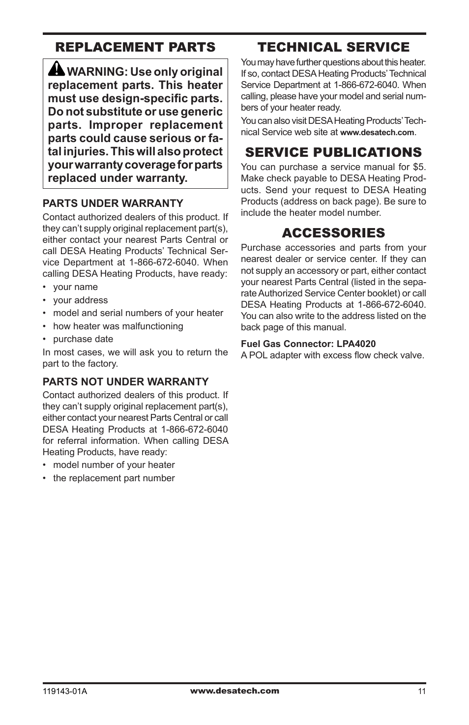 Replacement parts, Technical service, Service publications | Accessories | Desa TB111 User Manual | Page 11 / 56