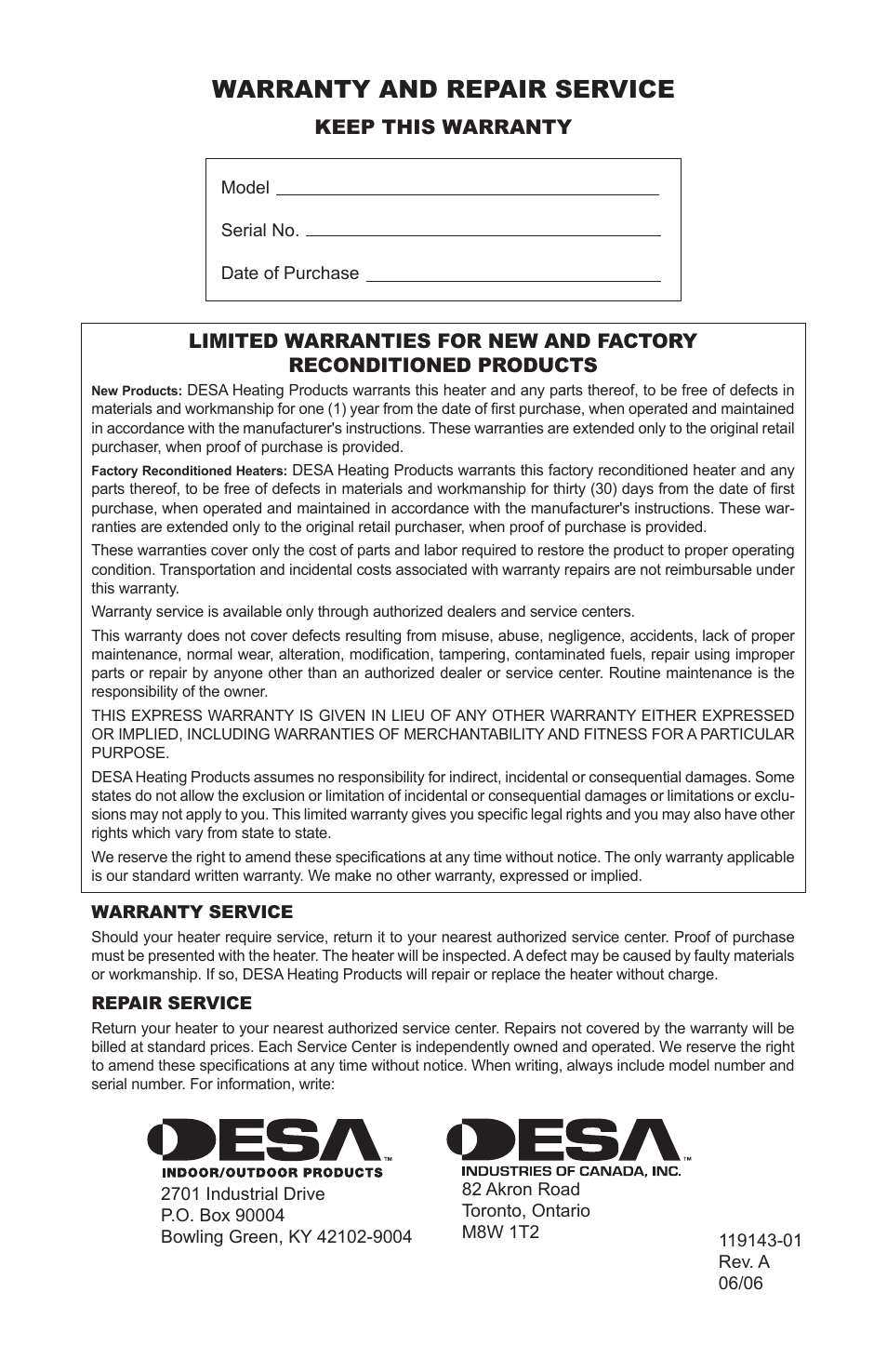 Warranty and repair service | Desa TB111 User Manual | Page 18 / 56