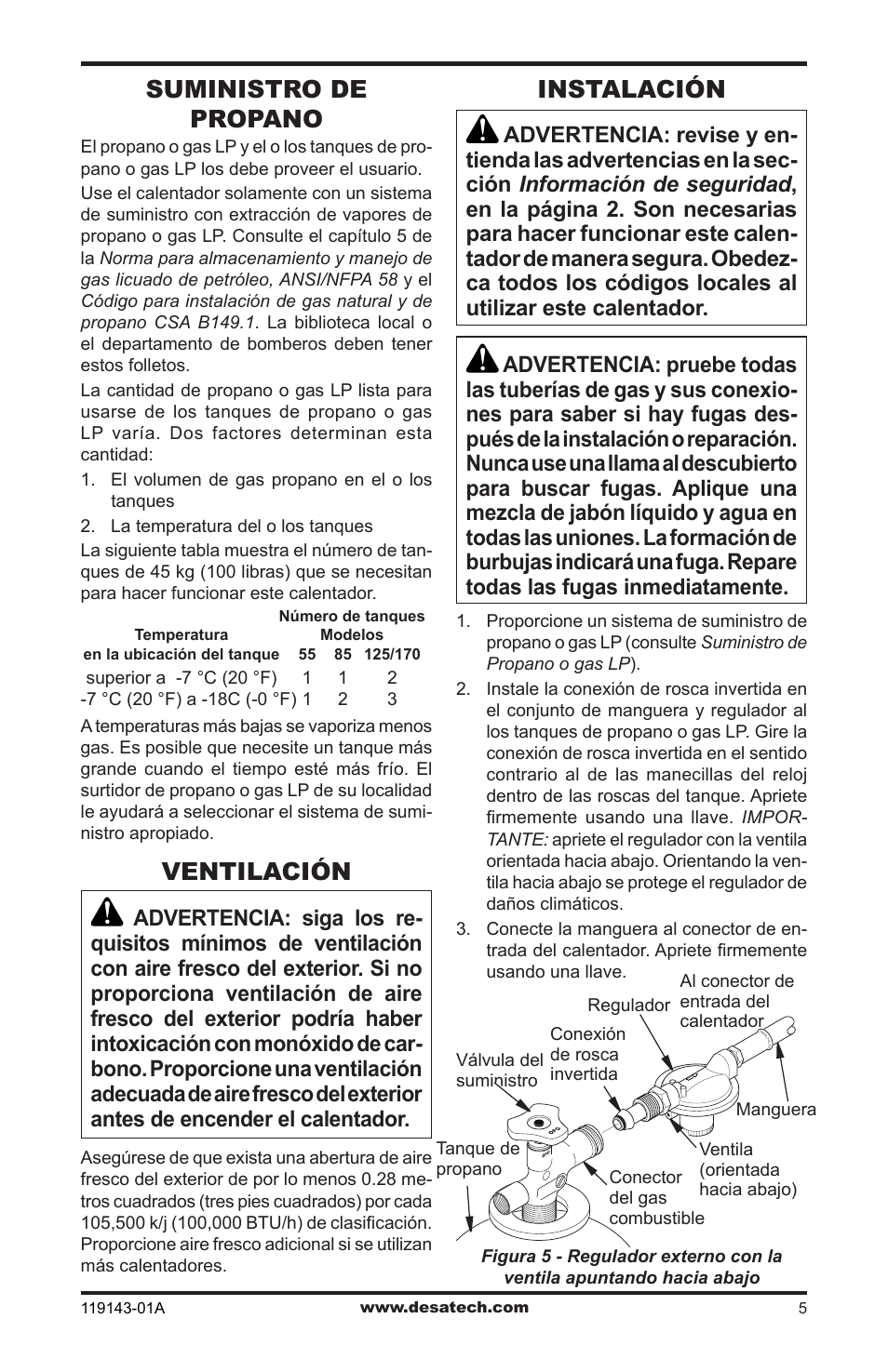 Suministro de propano, Ventilación, Instalación | Desa TB111 User Manual | Page 23 / 56