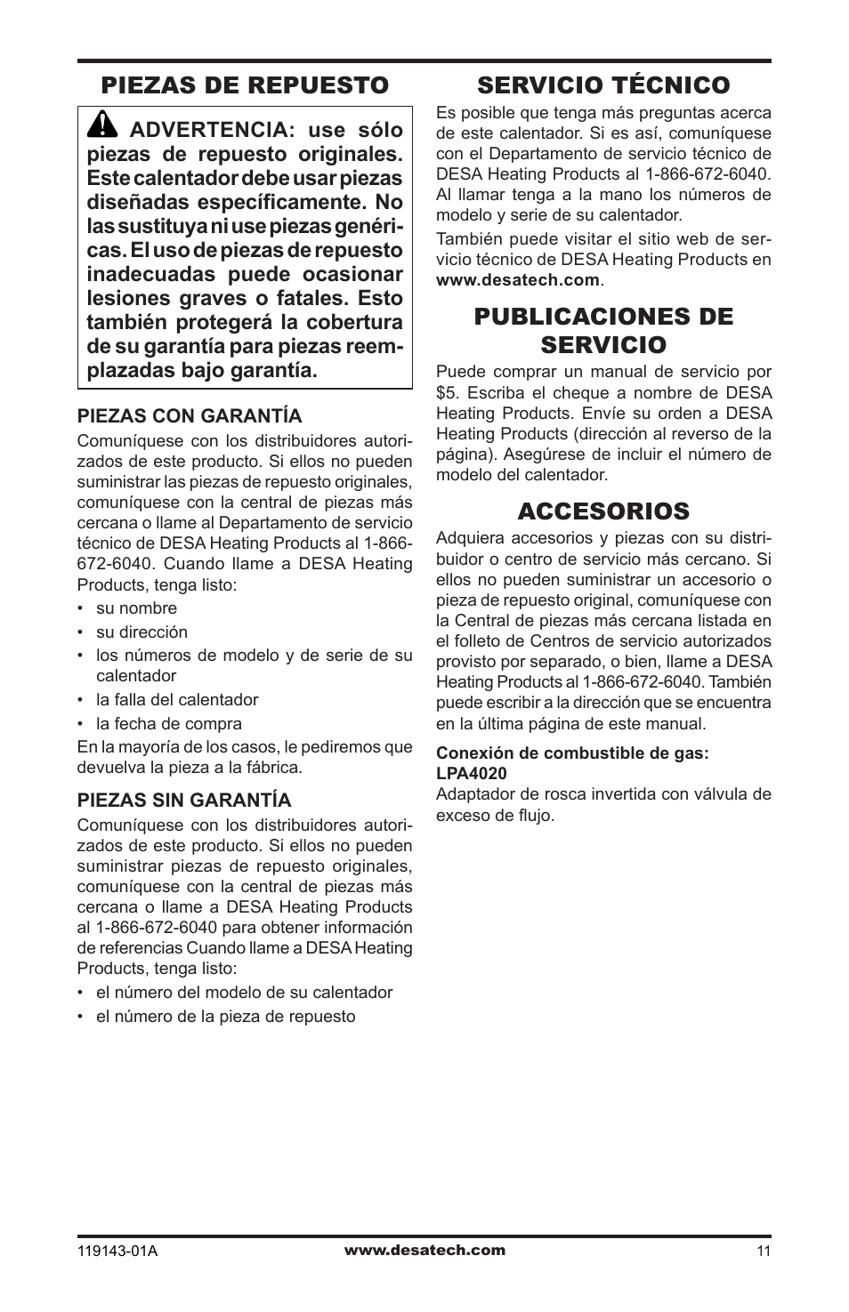 Piezas de repuesto, Servicio técnico, Publicaciones de servicio | Accesorios | Desa TB111 User Manual | Page 29 / 56